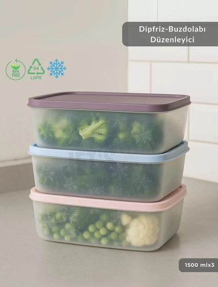 3'lü Dipfriz Saklama Kabı - No Frost Silikon Kapaklı | Derin Dondurucu Düzenleyici - BPA Free - 1500 ml ürün görseli 1