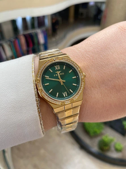 Ferro FL21358A-B6 Quartz Çelik Gold Yeşil Kadran 34 mm Kadın Kol Saati ürün görseli 1