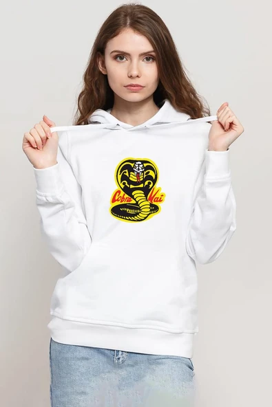 Cobra Kai Logo Beyaz Kadın 3ip Kapşonlu Sweatshirt ürün görseli 1