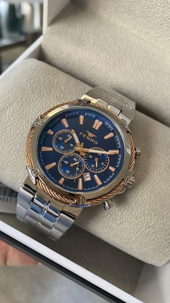 Ferro Quartz Çelik Gri Lacivert Kadran 45 mm Fonksiyonları Aktif Erkek Kol Saati ürün görseli 1