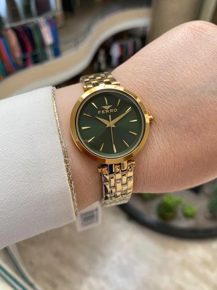 Ferro FL21331A-B6 Quartz Çelik Altın Rengi Yeşil Kadran 34 mm Kadın Kol Saati ürün görseli 1