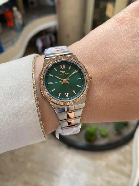 Ferro FL21358A-E6 Quartz Çelik Rose/Gri Yeşil Kadran 34 mm Kadın Kol Saati ürün görseli 1