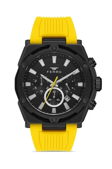 Ferro FM31396D-ZN Quartz Silikon Sarı Siyah Kadran 45 mm Erkek Kol Saati ürün görseli 1