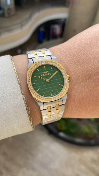 Ferro Quartz Çelik Sarı Gri Yeşil Kadran 32 mm Kelebek Kilit Kadın Kol Saati ürün görseli 1