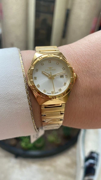 Ferro Quartz Çelik Altın Rengi 32 mm Kelebek Kilitli Kadın Kol Saati ürün görseli 1