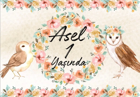 Çiçek ve Kuşlar Temalı Doğum Günü Afişi 70X100 cm ürün görseli 1