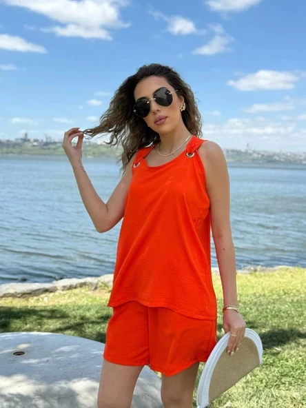 Kadın Kolsuz V Yaka Kuş Gözü Detay Bluz Short Aerobin Ikili Takım ürün görseli 1