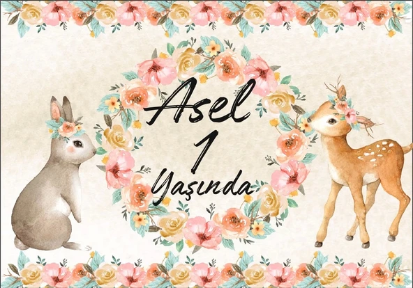 Çiçek ve Hayvalar Temalı Doğum Günü Afişi 70X100 cm ürün görseli 1