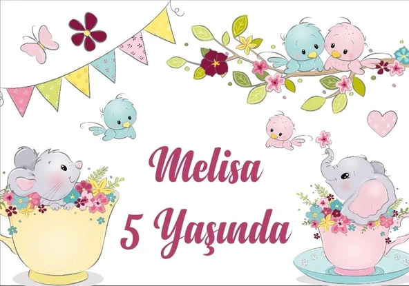 Fil ve Kedi Temalı Doğum Günü Afişi 70X100 cm ürün görseli 1