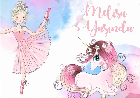 Unicorn ve Balerin Tenalı Doğum günü Afişi 100X150 cm ürün görseli 1