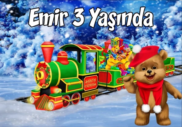 Ayıcık ve Tren Teamlı Doğum Günü Afişi 100X150 cm ürün görseli 1