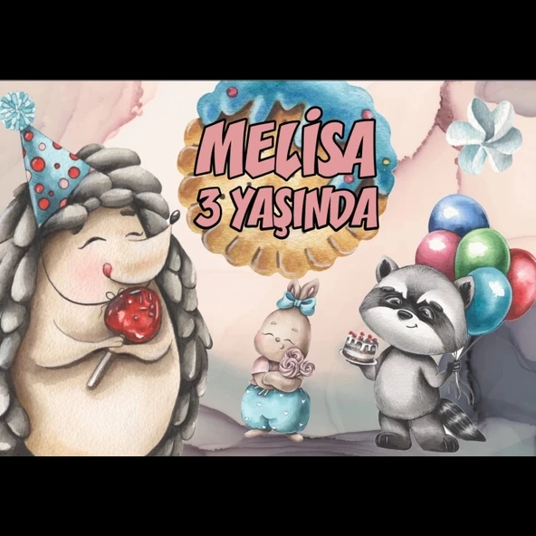 Sevimli Hayvanlar ve Şeker Temalı Doğum Günü Afişi 50X70 cm ürün görseli 1
