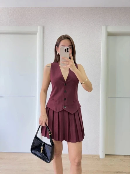 Takım Görünümlu Yelekli Mini Elbise- Bordo ürün görseli 1