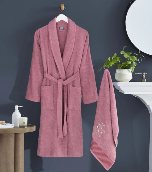 Bornoz - Nakışlı Havlu Seti Cora Mürdüm S/M+45x85cm ürün görseli 1