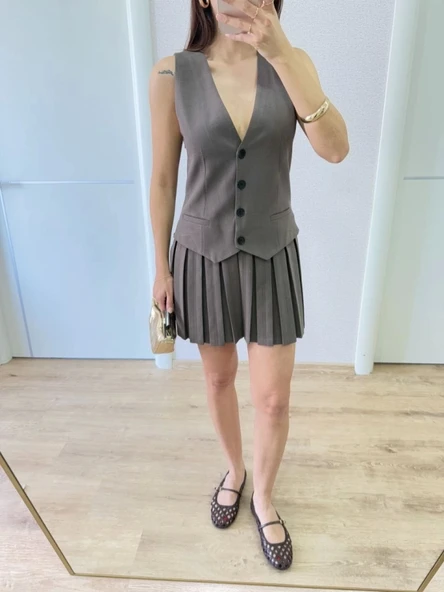 Takım Görünümlu Yelekli Mini Elbise- Füme ürün görseli 1