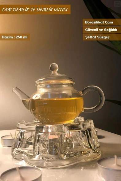 2’li Set Cam Demlik ve Cam Isıtıcı Süzgeçli Demlik 250 ml Bitki Çayı Demliği Borasilikat ürün görseli 1