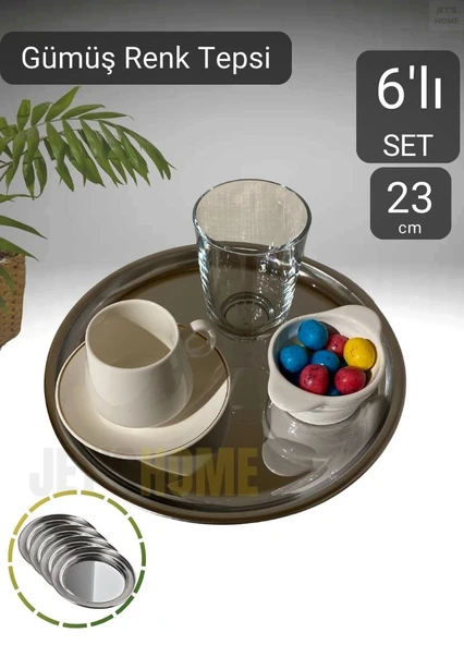 6’lı Set Lüx Sunum Tepsisi Paslanmaz Kahve Tepsisi Çelik Tepsi Yuvarlak Çeyizlik Tepsi 23 cm ürün görseli 1
