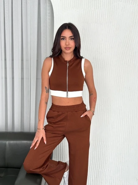Osy Modal Yumuşak Dokulu Kumaş Tam Fermuarlı Crop Pantalon İkili Takım - Kahverengi ürün görseli 1