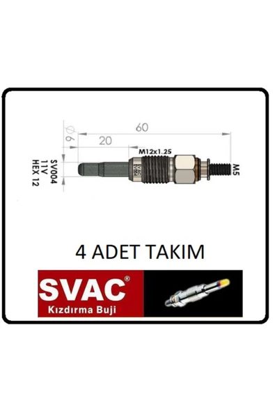 SVAC Kızdırma Bujisi 4 adet 11v Audi 80 90 100 1.6/1.9/2.0/2.4d-sv004 4 Ad. Takım Oem No: N10213002 ürün görseli 1