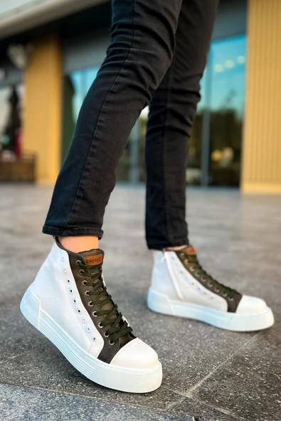 Fermuarlı Bağcık Detaylı Erkek Sneaker Bot Beyaz Haki ürün görseli 1
