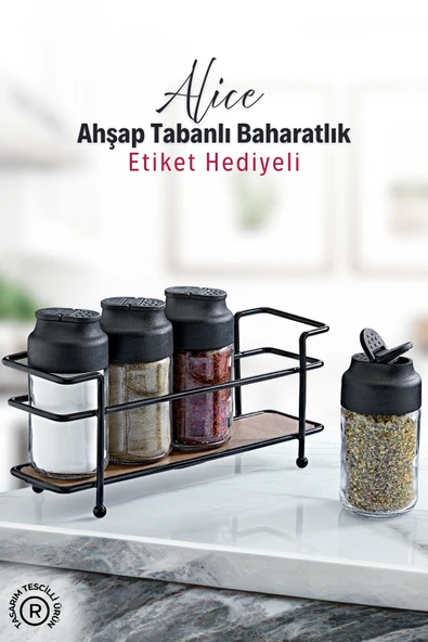 Alice Ahşap Tabanlı Metal Standlı 4'lü Çift Kapaklı Cam Baharatlık Seti - Tuzluk Biberlik ürün görseli 1