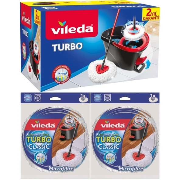 Vileda Turbo Pedallı Temizlik Seti (Komple Set)+ Turbo Yedek Mop Paspas Ucu Mikrofiber (2 Adet) ürün görseli 1