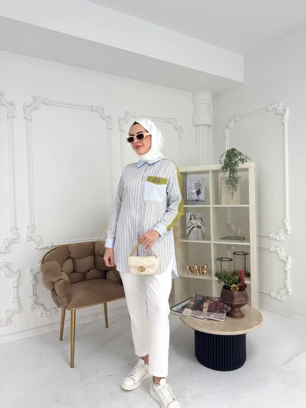 TAŞ DETAYLI ÇİZGİLİ GÖMLEK - Resim 3