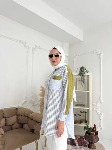 TAŞ DETAYLI ÇİZGİLİ GÖMLEK - Resim 4