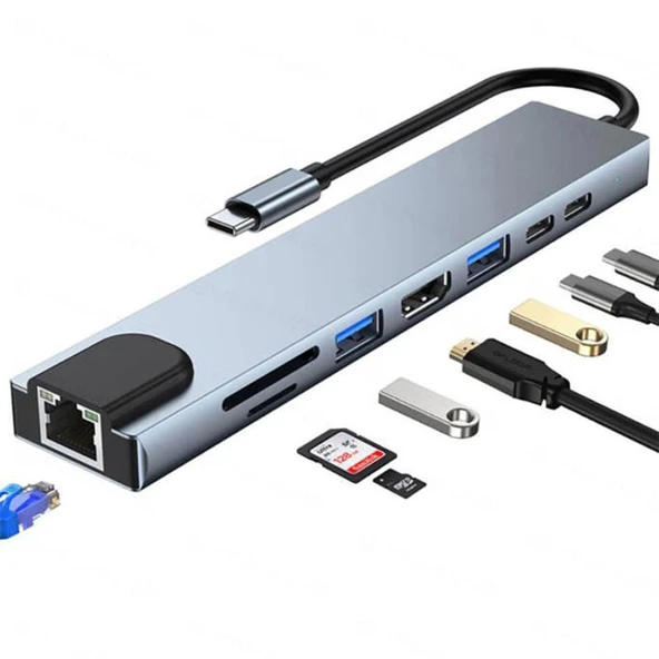 SHAZA 8in1 USBType-C Hub Port Adaptör HDMI USB Ethernet PD Girişli ürün görseli 1
