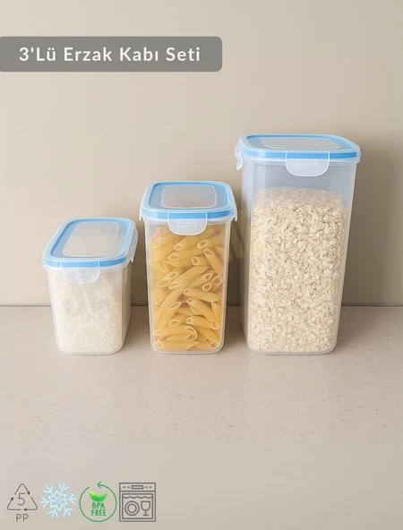 3'Lü Erzak Kabı Seti Kilitlenebilir Saklama Kabı Hava Almaz Bakliyat Kabı Bpa Free ürün görseli 1