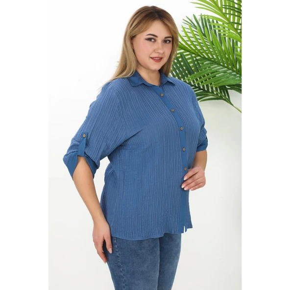 %100 Cotton Büyük Beden Kadın Müslin Kumaş Gömlek ürün görseli 1