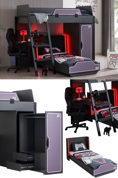 Ranzalı Oyuncu Odası, Gamer Ranza Ledli Karyola Masa Dolap ürün görseli 1