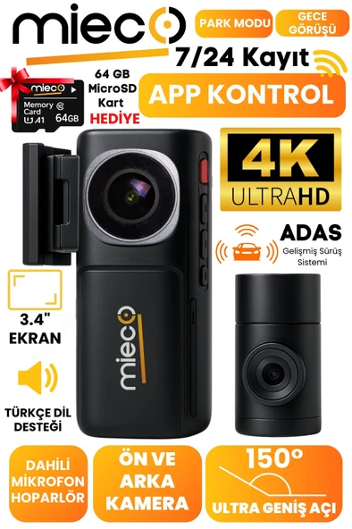 Mieco A7 4K UHD /  Wifi / ADAS / 150 Derece Ultra Geniş Açı/ Gece Görüşü / Ön + Arka Araç Kamerası ürün görseli 1