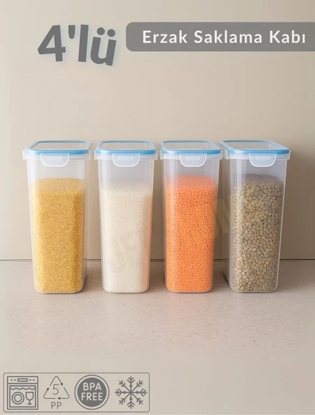 4'Lü Erzak Kabı Seti Kilitlenebilir Saklama Kabı Hava Almaz Bakliyat Kabı Bpa Free ürün görseli 1