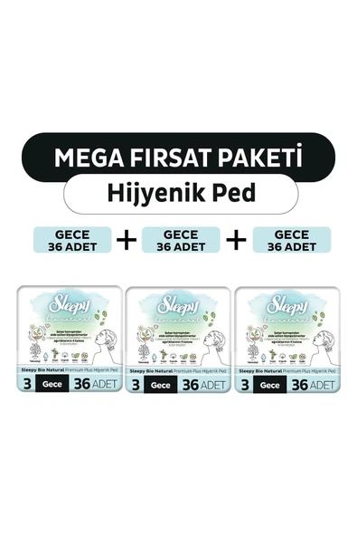 Sleepy Bio Natural Premium Plus Hijyenik Ped Mega Fırsat Paketi Gece 108 Adet ürün görseli 1