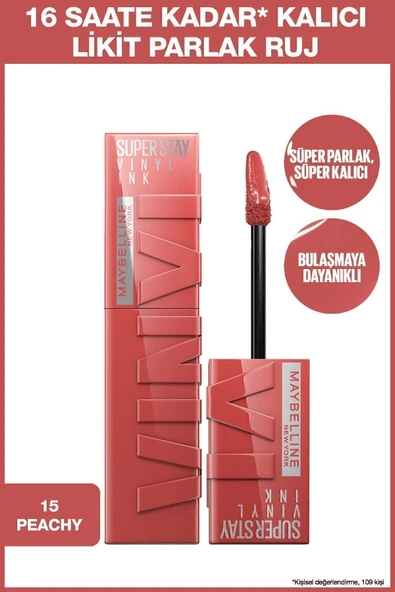 MAYBELLİNE NEW YORK Super Stay Vinyl Ink Uzun Süre Kalıcı Şeftali Tonlu Likit Parlak Ruj 15 Peachy ürün görseli 1