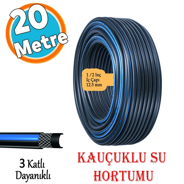 Kauçuklu Termo Bahçe Hortumu 20 Metre Dayanıklı 3 Katlı Sağlam Su Sulama Yıkama Hortum 12.5 mm 1/2" ürün görseli 1