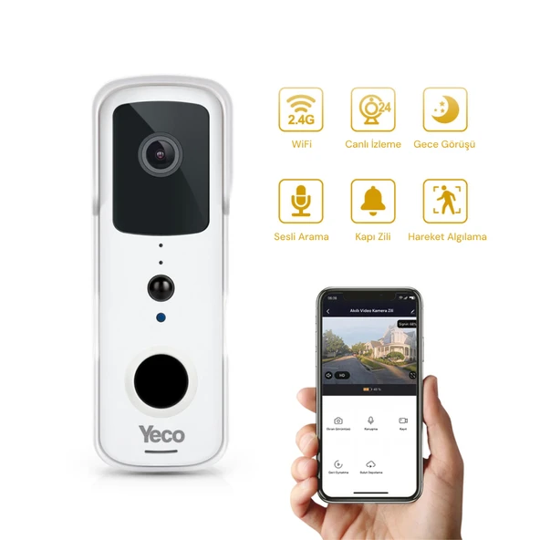 YECO BD-10 Akıllı Görüntülü Kapı Zili – PIR Sensör, IP66, WiFi, Çift Yönlü Ses ürün görseli 1