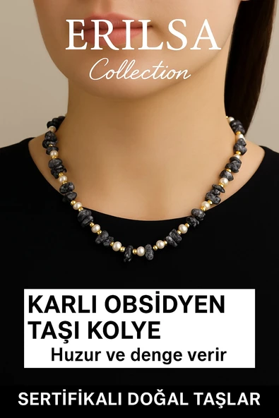 Sertifikalı Kırık Taşlı Model İnci - Karlı Obsidyen Taşı Kolye ürün görseli 1