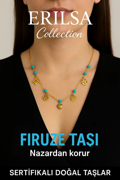 Sertifikalı Gold Firuze - Turkuaz Taşı Şans Charm Kolye - Işıltı Serisi ürün görseli 1
