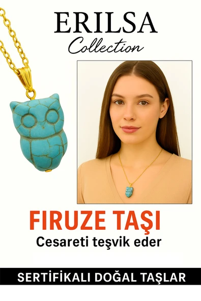 Sertifikalı Gold Baykuş Model Firuze Turkuaz Taşı Kolye Korur ürün görseli 1