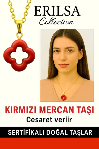 Sertifikalı Gold Yonca Model Kırmızı Mercan Taşı Kolye Cesaret Verir ürün görseli 1