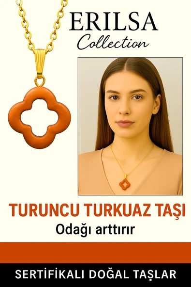 Sertifikalı Gold Yonca Model Turuncu Turkuaz Taşı Kolye Odağı Arttırır ürün görseli 1