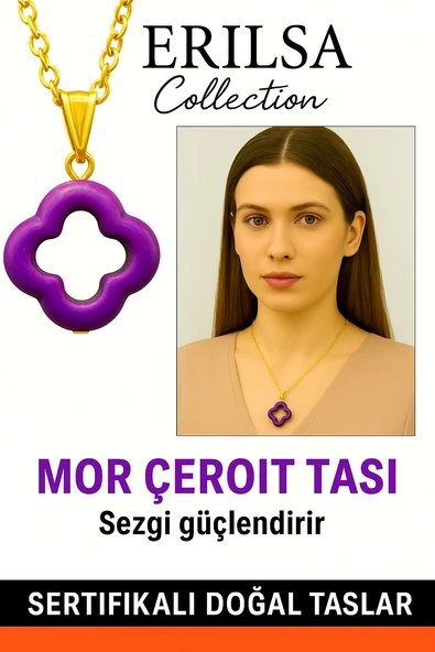 Sertifikalı Gold Yonca Model Mor Çeroit Taşı Kolye Sezgi Güçlendirir ürün görseli 1