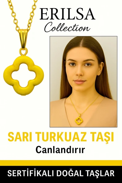 Sertifikalı Gold Yonca Model Sarı Turkuaz Taşı Kolye Neşe Verir ürün görseli 1