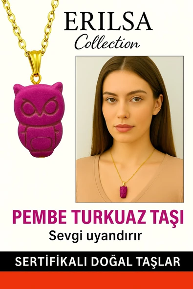 Sertifikalı Gold Baykuş Model Pembe Turkuaz Taşı Kolye Sevgi ve Huzur Verir ürün görseli 1