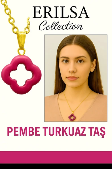 Sertifikalı Gold Yonca Model Pembe Turkuaz Taşı Kolye Duygusal Denge Sağlar ürün görseli 1