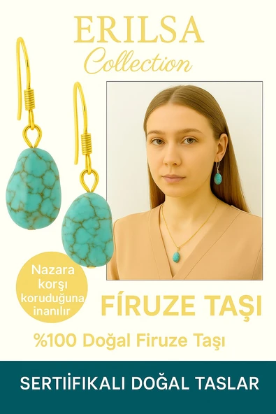 Sertifikalı Altın Renkli Ham İşlenmemiş Firuze Taşı Küpe – Koruma, Şans ve Ruhsal Denge Taşı ürün görseli 1