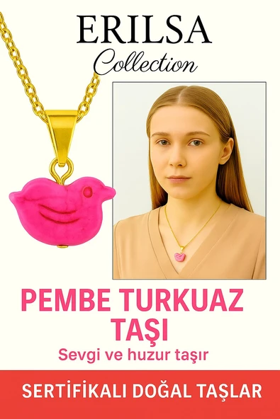 Sertifikalı Kuş Model Pembe Turkuaz Taşı Kolye – Sevgi, Şans ve Ruhsal Koruma Taşı ürün görseli 1