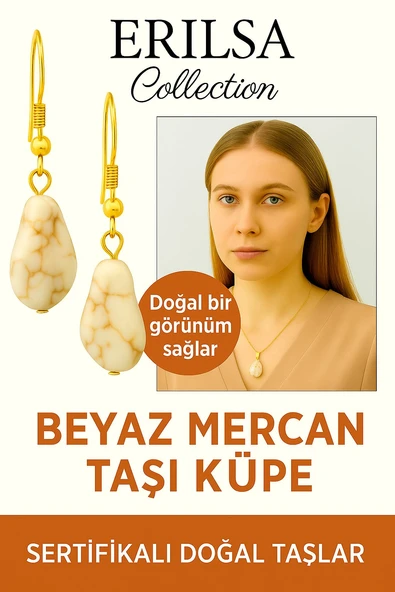 Sertifikalı Altın Renkli Beyaz Mercan Taşı Küpe – Saflık, Huzur ve Zarif Enerji Taşı ürün görseli 1